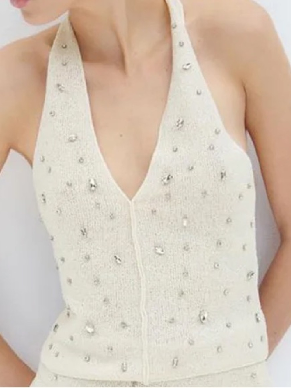 zara knit Cream halter neck top with silver rhinestone jewel gem studs